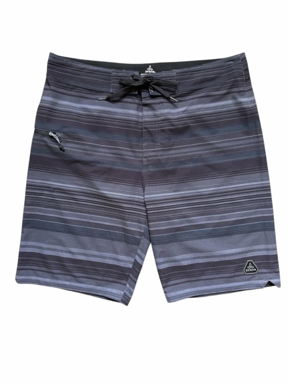 Prana Fenton Board Shorts Men’s 34 Black Gray Striped 10” Inseam